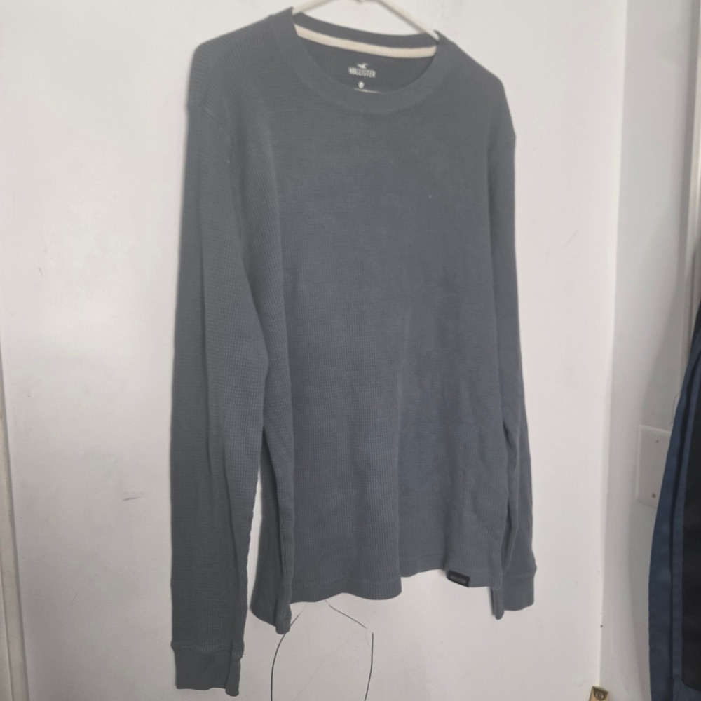 Hollister Mens XL Waffle Knit Thermal Long Sleeve Shirt Blue Gray Crew Neck